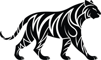 A black and white illustration of a tiger with tribal style stripes walking to the right side view