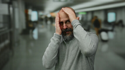 Man with beard and tattoos appears stressed in an indoor airport terminal with blurred passengers...