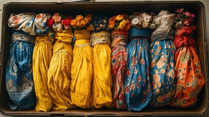 Fototapeta premium Colorful fabric dolls in vintage suitcase, floral crowns, rustic background, craft project