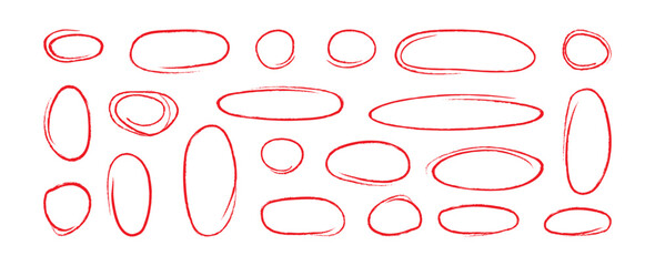 Line hand drawn highlight, brush marker oval and circle doodle, pen underline sketch, crayon ring, red chalk ellipse. Scribble shape box set isolated on white background. Simple vector illustration
