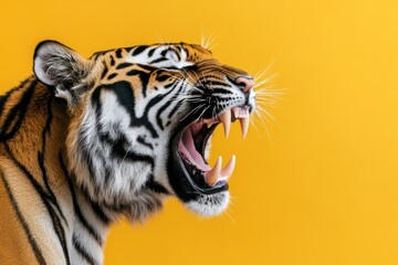 Obraz premium Close-up of roaring Bengal tiger on solid color background