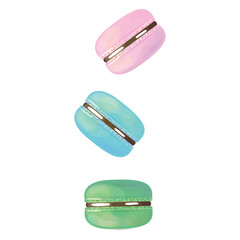 Macaroons banner. Three sweet cakes with chocolat. French dessert. Watercolor vector illustration on white background.