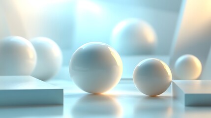 Fototapeta premium Abstract geometric shapes floating on a soft pastel background, smooth spheres, cubes, and cones casting delicate shadows, dreamy ambient light. Created Using: Studio lighting simulation,