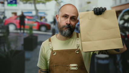 Man with beard holding paper bag on city street wearing apron and gloves surrounded by urban environment conveying delivery or courier work.