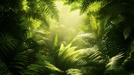 Artistic view of tropical ferns under filtered sunlight, vibrant fresh greens and intricate leaf patterns creating a soft, dreamy jungle canopy. Created Using: Fine art nature photography setup,