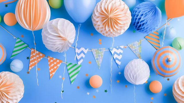 Bright decoration with balloons, garlands and confetti creates a cheerful atmosphere of a children's party