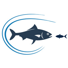Large fish pursuing smaller fish in ocean waves
