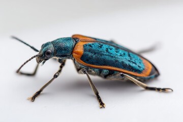 Naklejka premium Close-up of a vibrant blue and orange beetle.