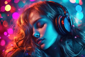 Fototapeta premium Woman enjoying music with headphones and vibrant lighting