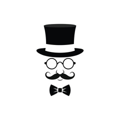 Elegant gentleman top hat mustache bow tie glasses icon
