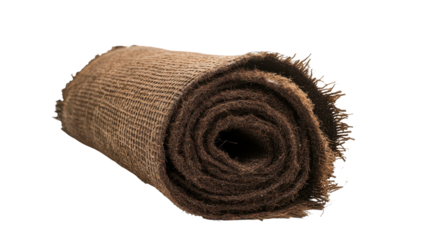 A tightly rolled, worn, burlap-like fabric with frayed edges, revealing a dark inner layer