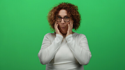 Woman with curly hair and glasses wearing white shirt makes surprised expression against green...