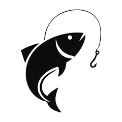 Black silhouette fish on hook fishing icon