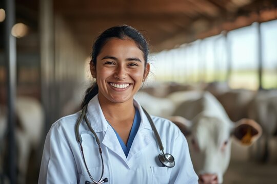 Smiling veterinarian in livestock facility showing animal care
