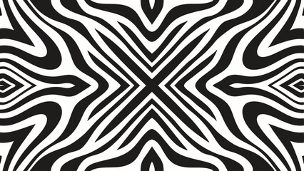 Abstract symmetrical zebra pattern with black and white stripes creating a dynamic visual effect |eps vectors