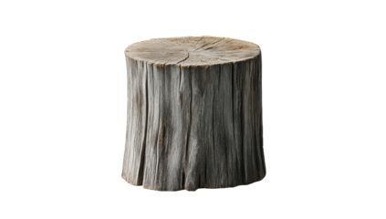 A weathered grey tree stump, cylindrical, showing natural wood grain and texture, isolated on black