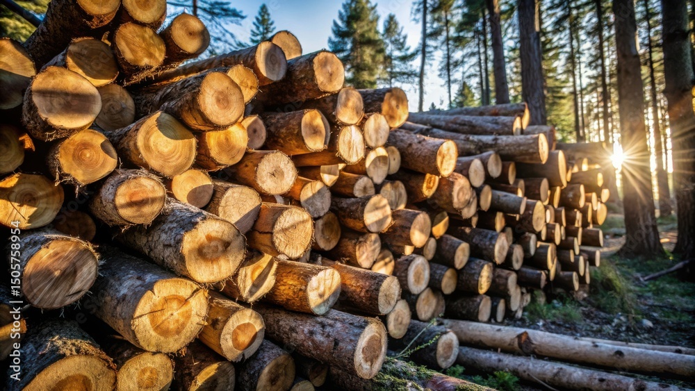 Poster a stack of freshly cut logs bathed in the warm glow of the setting sun, surrounded by a tranquil for