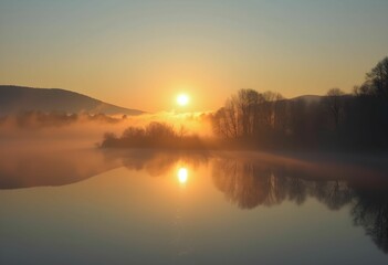 Naklejka premium Golden Sun Rises Over Misty Lake