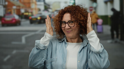 Fototapeta premium Woman gesturing framing with her hands on a bustling city street, capturing the essence of middle age, outdoor setting, and vibrant urban life.