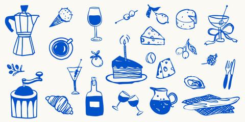 Birthday food dinner cafe icon doodle hand drawn illustration branding vector illustration set. Drink promotion beverage banner flyer menu collection in simple sketchy whimsical retro style
