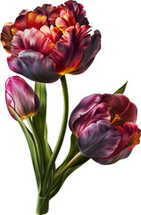 Colorful tulip flowers isolated on a transparent background. Vintage painting style illustration.