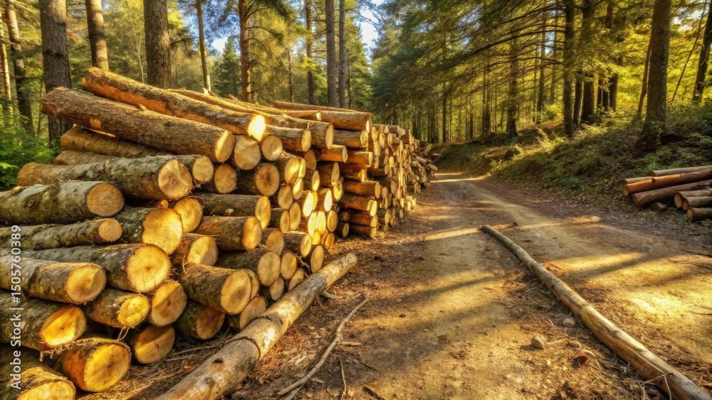 Poster A towering stack of felled logs basks in the warm afternoon sun, casting long shadows along the forest path.