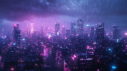Obraz premium Night rain on a window, dramatic neon lights from a city skyline softly blurring through the droplets, vibrant purples and blues painting the scene. Created Using: Mirrorless camera,