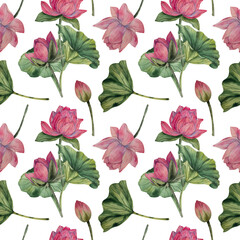 Hand drawn lotus watercolor pattern with blooming pink flowers and green leaves. Watercolor style. Natural palette. Ideal for textile print wallpaper wrapping paper fabric surface design