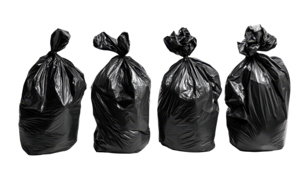 Four full, tied black plastic garbage bags stand in a row against a black background