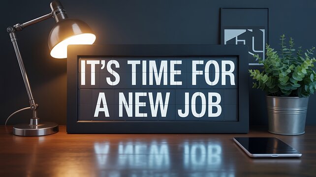 Desk setup with lamp, sign reading it's time for a new job, plant and smartphone