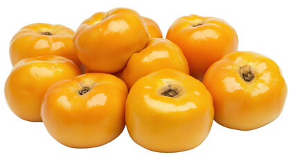 A cluster of ten vibrant, glossy, golden-yellow tomatoes, plump and seemingly ripe, arranged casually against a stark white background