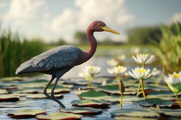 Naklejka premium A photorealistic image of a healthy African bird walking on water lilies in the savannah