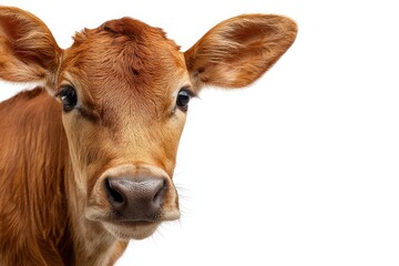 Adorable brown calf stares intently into the camera, set against a stark white background.