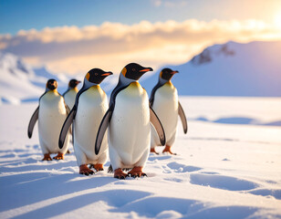 Obraz premium Group Of Penguins On Snowy March Tundra
