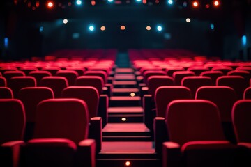 Obraz premium Empty theater interior with warm light and red chairs