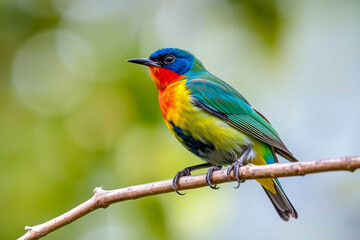 Obraz premium Colorful Painted Bunting Bird Perched in Nature, Showcasing Its Vivid Blue, Green, and Red Plumage in a Serene Natural Setting, Vibrant Wallpaper