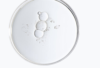 The texture of a cosmetic serum or body gel in a Petri dish.