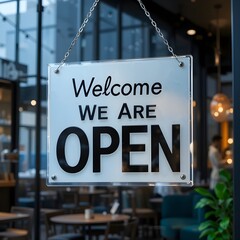 Hanging business sign displays a welcoming message in a cafe-style establishment, modern design.
