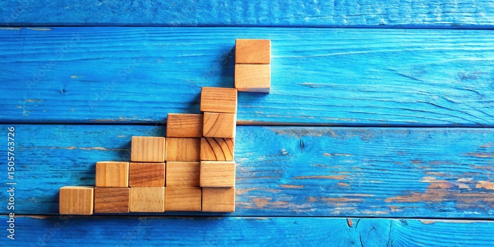 Poster wooden blocks arranged in an ascending pattern on a blue wooden background, symbolizing growth and p