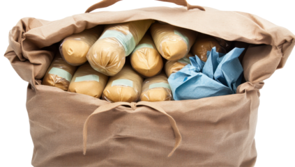 Tan burlap bag overflowing with numerous pale-yellow cylindrical objects wrapped in cellophane and light-blue tissue