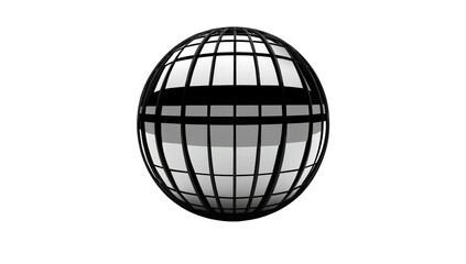 A reflective sphere encased in a grid-like structure, bisected by a bold horizontal band, set against a stark black backdrop
