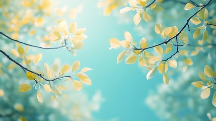 A dreamy upward view of colorful spring forest canopy, tender young leaves in shades of lime, yellow, and soft green, soft clear blue sky in background. Created Using: Mirrorless high-res camera,