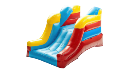 A colorful inflatable slide, red, yellow, and blue, designed for children's play, with a gently curving slide and sturdy inflatable base