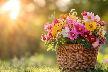 Colorful flower arrangement in basket in sunlight