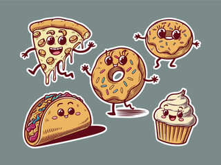 Hand-Drawn Cute Fast Food Characters sticker set with Happy Faces  Donut, Pizza, Taco, Cupcake