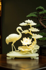 Elegant Jade Carving of a Crane with Lotus and Pine Tree Table Lamp