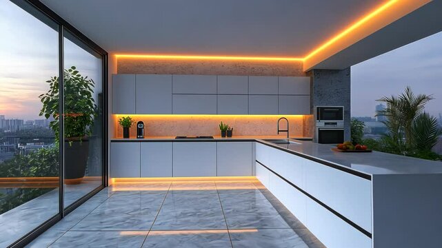 Modern kitchen with sunset view, sleek white cabinets, marble floor, and warm LED lighting