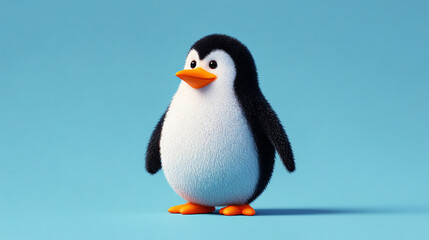 Obraz premium A cartoon penguin standing on a light blue surface with a light blue background in a studio setting