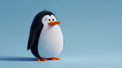 Fototapeta premium A cartoon penguin standing on a blue surface looking to the side with a slight frown on its face