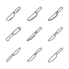 Knife and Cutting Tool Icons Set. Simple Line Art Illustrations of Various Knives
